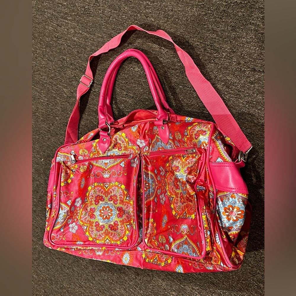 Travel Sz pocketbook purse shoulder satchel floral pink spacious pockets casual